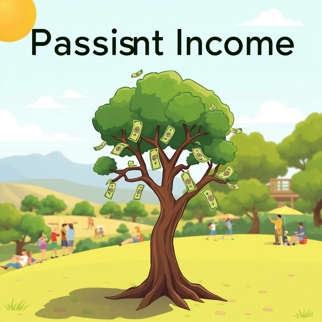 A stylized image showing a tree with money growing on its branches, representing passive income. The background is a sunny landscape with people enjoying leisure activities. Use a vibrant color palette and a slight cartoonish style. 8K resolution.