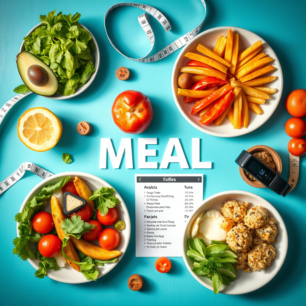  Una toma central estilizada de un plan de comidas colorido y equilibrado, centrado en ingredientes frescos y saludables. La iluminación debe ser brillante y atractiva, con una paleta de colores que incorpora verdes, rojos y amarillos vibrantes. Dispón la comida de forma visualmente atractiva e informativa, con porciones claras e información nutricional. Incluye accesorios relevantes como una cinta métrica o un monitor de actividad física. Resolución 4K.