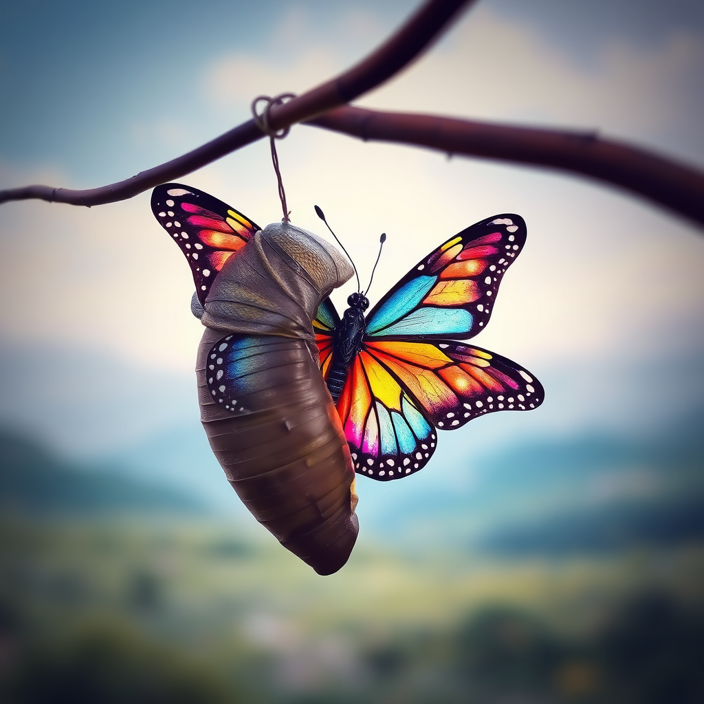 A stylized visual metaphor: A butterfly emerging from a cocoon, symbolizing transformation. The butterfly is brightly colored and intricately patterned. The background is a soft, blurred landscape, representing the potential for growth and change. The style is artistic and inspiring. Camera angle: close-up, focusing on the details of the butterfly. Color palette: vibrant and harmonious, with accents of blue and purple. Technical specs: 4K resolution, digital illustration, symbolic imagery.