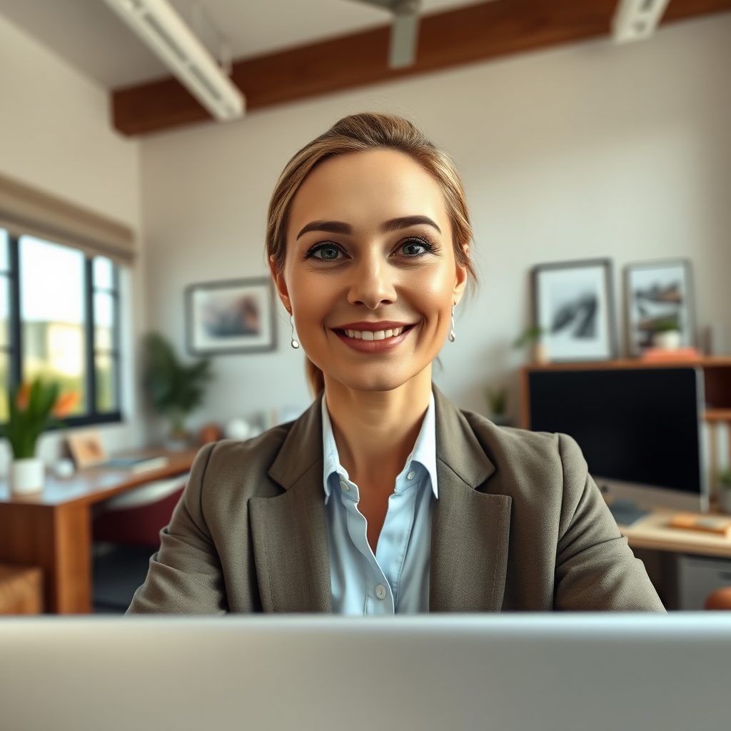 A woman in a modern home office confidently leading a virtual meeting. She's dressed professionally and projecting authority. The office is well-lit and organized, with personal touches that reflect her personality. Camera angle: eye-level, focusing on her confident expression. Color palette: neutral tones with pops of color. Style reference: professional portraiture. Technical specs: 8K resolution, photorealistic, detailed facial features.