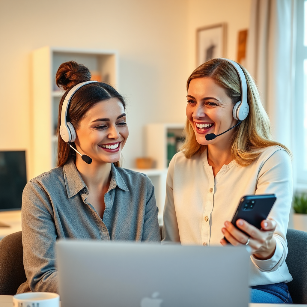 A woman providing technical support to another woman via video call. They are both smiling and working together to solve a problem. The background is a clean and organized home office. The lighting is warm and supportive, creating a feeling of trust and reliability. Camera angle: medium shot, capturing the interaction between the two women. Style reference: customer service photography. Technical specs: 8K resolution, photorealistic, empathetic expressions.