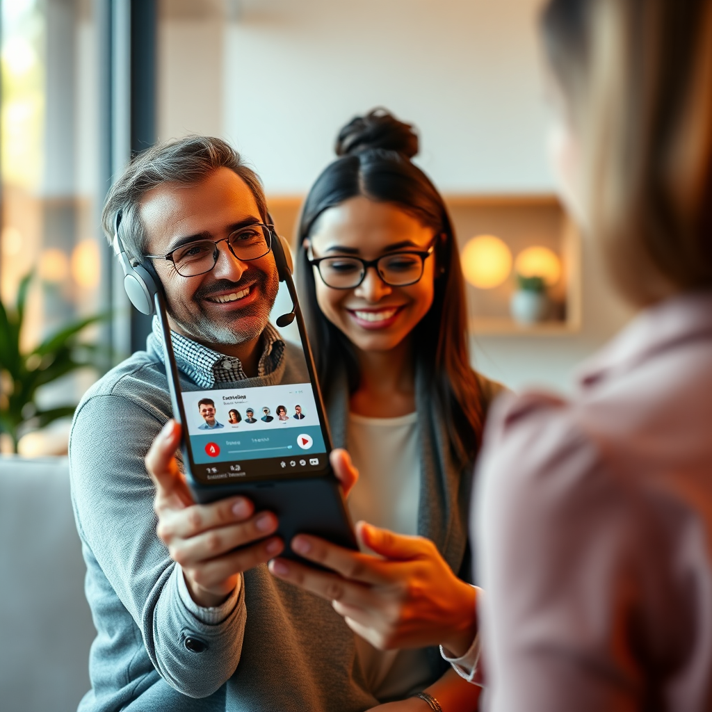 Una imagen que muestra a un cliente recibiendo atención personalizada a través de una aplicación móvil o plataforma en línea, con un experto amable y atento al otro lado. La iluminación es cálida y acogedora, con una estética limpia y moderna. Resolución 4K.