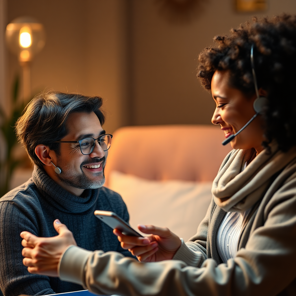 Una imagen que muestra a un cliente recibiendo atención personalizada a través de una aplicación móvil o plataforma en línea, con un experto amable y atento al otro lado. La iluminación es cálida y acogedora, con una estética limpia y moderna. Resolución 4K.