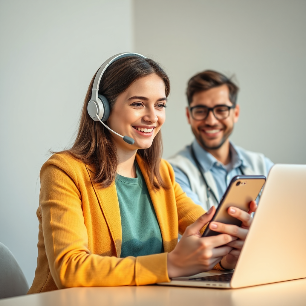 Una imagen que muestra a un cliente recibiendo atención personalizada a través de una aplicación móvil o plataforma en línea, con un experto amable y atento al otro lado. La iluminación es cálida y acogedora, con una estética limpia y moderna. Resolución 4K.