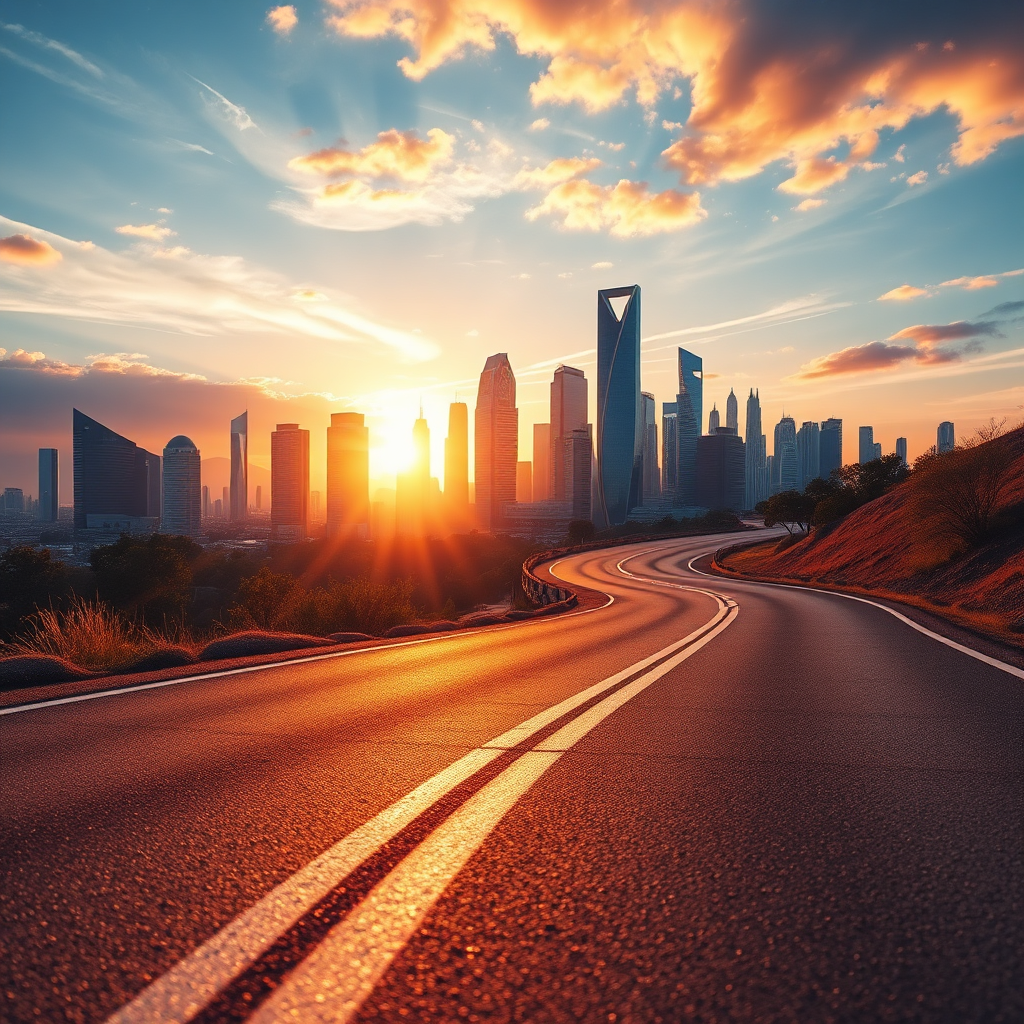 Create a photorealistic image depicting a winding road leading to a futuristic cityscape bathed in the warm glow of the setting sun. The road represents the journey to success, and the cityscape symbolizes the future vision of the company. The lighting should be dramatic, with long shadows and vibrant colors. The color palette should be optimistic and forward-looking, featuring blues, oranges, and golds. The camera angle should be low, emphasizing the scale and grandeur of the city. Focus on realistic textures, such as the asphalt of the road and the glass and steel of the buildings. The style should be modern and aspirational, conveying a sense of progress and innovation. Final image in 8k resolution, hyperrealistic rendering.
