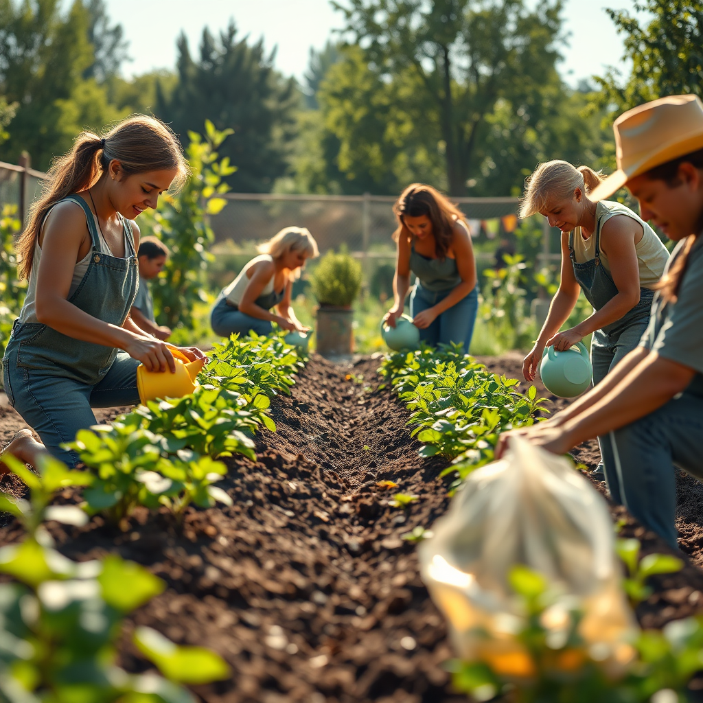 Create a photorealistic image depicting a group of people working together in a community garden. They are planting seeds, watering plants, and tending to the soil. The sun is shining brightly, and the garden is lush and green. The lighting should be natural and inviting, highlighting the beauty of the environment. The color palette should be vibrant and cheerful, featuring greens, yellows, and blues. The camera angle should be wide, capturing the entire scene and emphasizing the sense of community and collaboration. Focus on realistic textures, such as the soil, the plants, and the clothing of the people. The style should be uplifting and inspiring, conveying a sense of purpose and fulfillment. Final image in 8k resolution, hyperrealistic rendering.