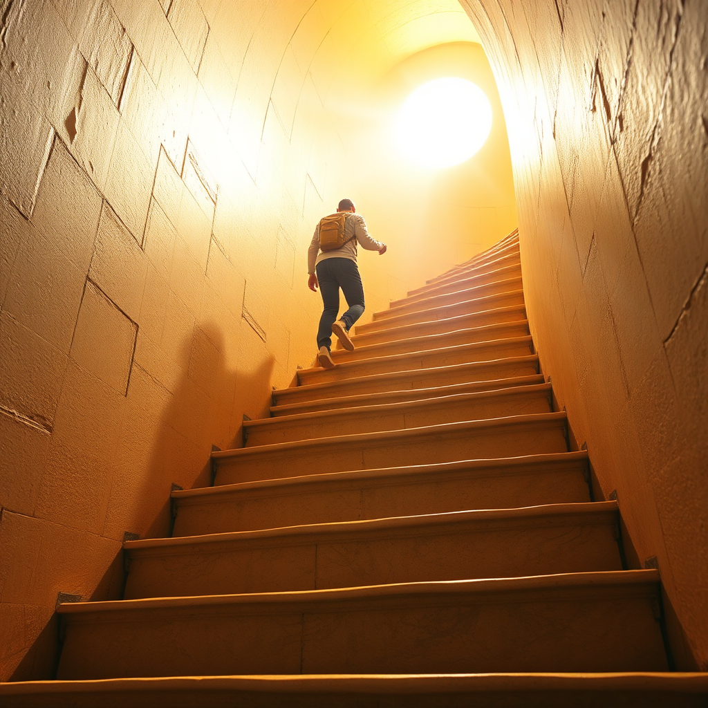 Create a photorealistic image depicting a person climbing a staircase that spirals upward towards a bright, glowing light. Each step of the staircase represents a skill or accomplishment. The lighting should be ethereal and uplifting, symbolizing growth and progress. The color palette should be warm and inviting, featuring golds, yellows, and oranges. The camera angle should be low, emphasizing the height of the staircase and the person's determination. Focus on realistic textures, such as the stone of the staircase and the clothing of the person. The style should be motivational and aspirational, conveying a sense of hope and possibility. Final image in 8k resolution, hyperrealistic rendering.