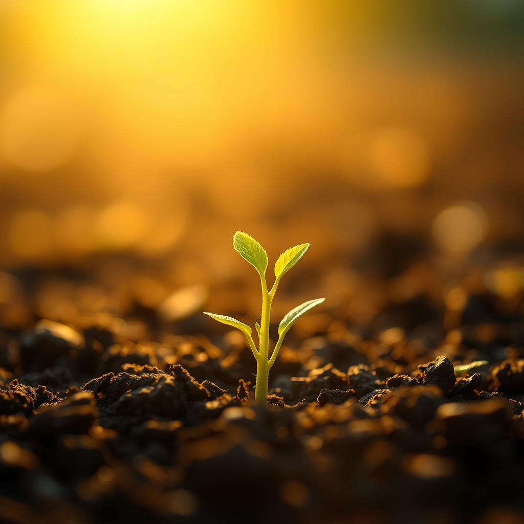 Create a photorealistic image depicting a seedling sprouting from the ground, reaching towards the sunlight. The seedling is surrounded by fertile soil and is bathed in a warm golden light. The background is blurred, creating a sense of focus on the seedling's growth. The lighting should be dramatic, highlighting the seedling's delicate structure and the richness of the soil. The color palette should be vibrant and hopeful, featuring greens, browns, and yellows. The camera angle should be close-up, emphasizing the feeling of growth and potential. The style should be natural and optimistic, conveying a sense of hope and possibility. Final image in 8k resolution, hyperrealistic rendering.