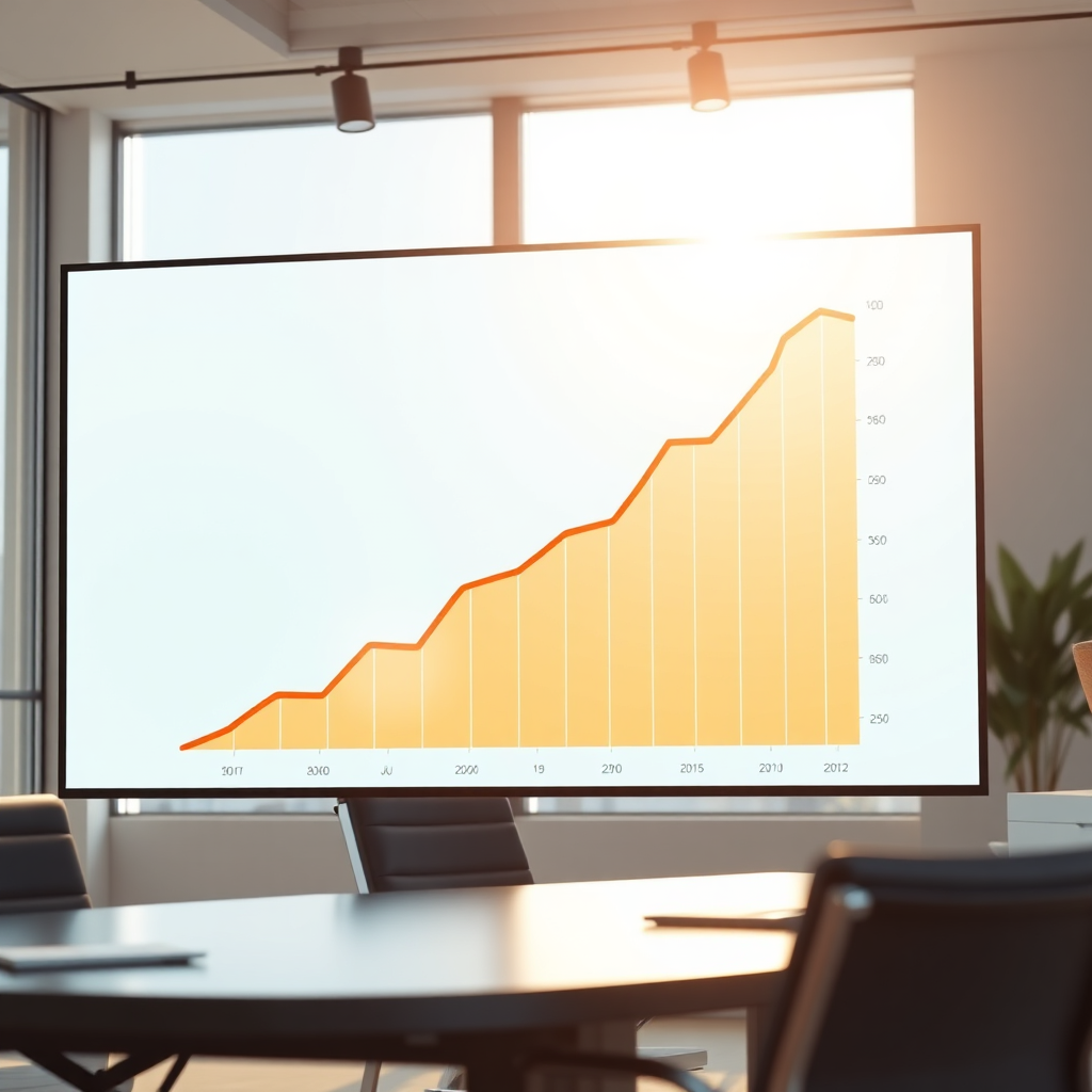 Create a photorealistic image of a graph showing a steady upward trend of income. The graph is displayed on a large screen in a modern office. The lighting is bright and positive. The camera angle is close-up, emphasizing the upward trend of the graph. 8K resolution, hyperrealistic.
