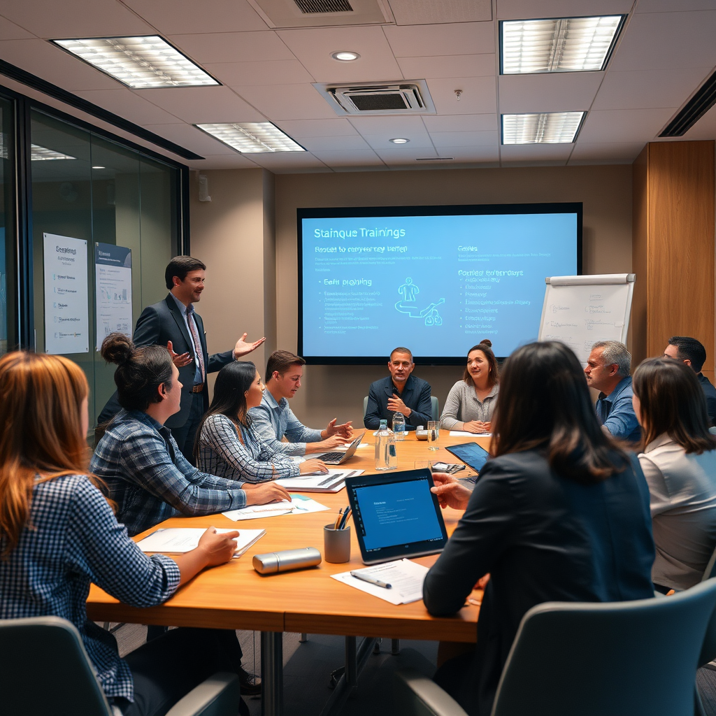 Create a photorealistic image depicting a dynamic and engaging business training session. Participants are actively participating in a workshop, collaborating on projects and learning new strategies. The room is filled with energy and enthusiasm. A knowledgeable instructor is leading the session, providing valuable insights and practical tools. Focus on capturing the interactive nature of the training and the participants' eagerness to learn. The image should evoke a sense of empowerment, growth, and potential. The final rendering should be in 8k resolution, hyperrealistic quality.