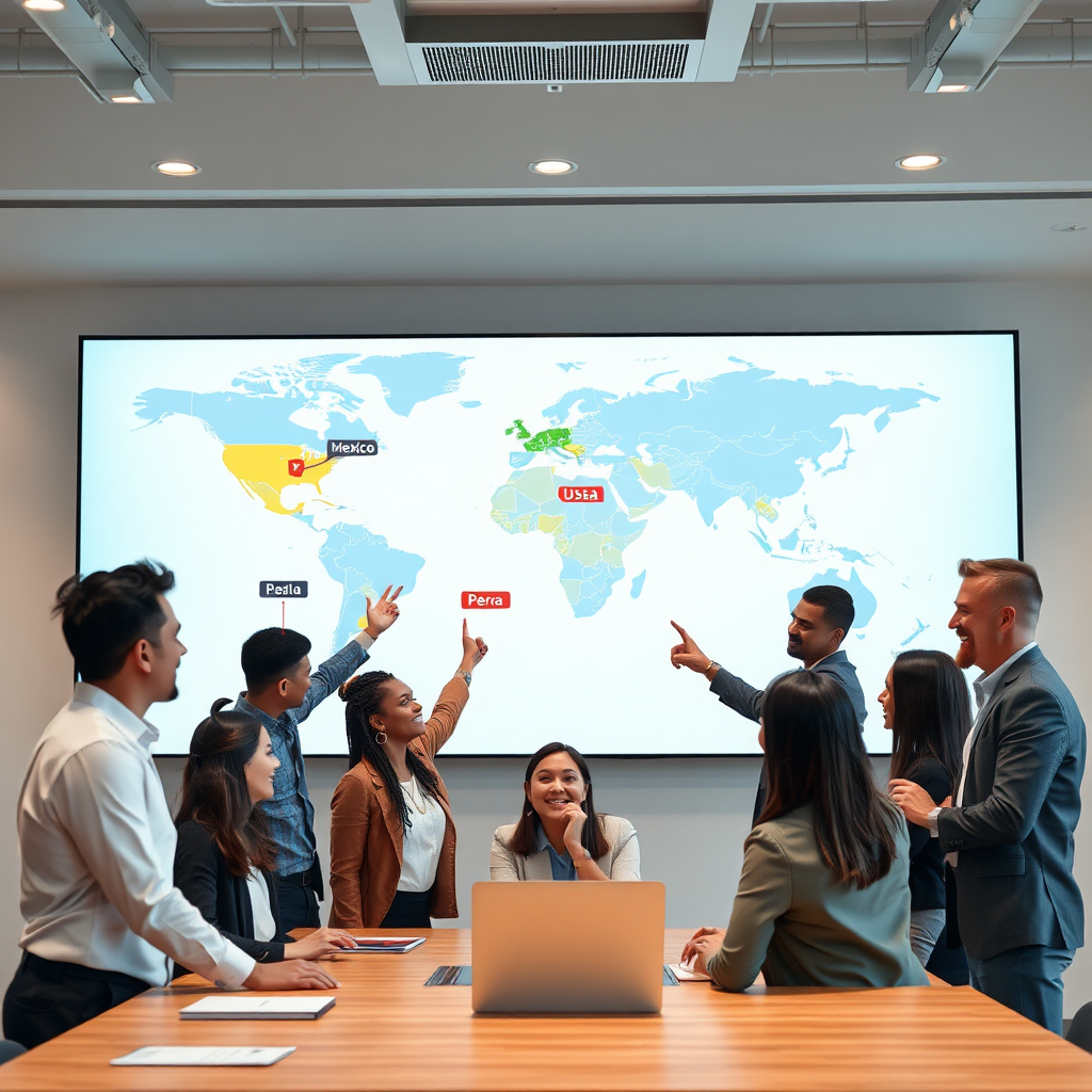 Create a photorealistic image showcasing a world map with highlighted locations: Mexico, USA, Colombia, Peru, and Guatemala. The map is displayed on a large screen in a modern office environment. Around the screen, diverse professionals are collaborating, smiling and pointing at the map. The lighting is bright and professional, emphasizing the global reach of the company. The color palette is corporate, using blues, greens, and grays, with pops of color for the highlighted countries. The camera angle is slightly angled, providing a comprehensive view of the scene. The style is realistic, emphasizing the professional and international nature of the company's expansion. 8K resolution, hyperrealistic.