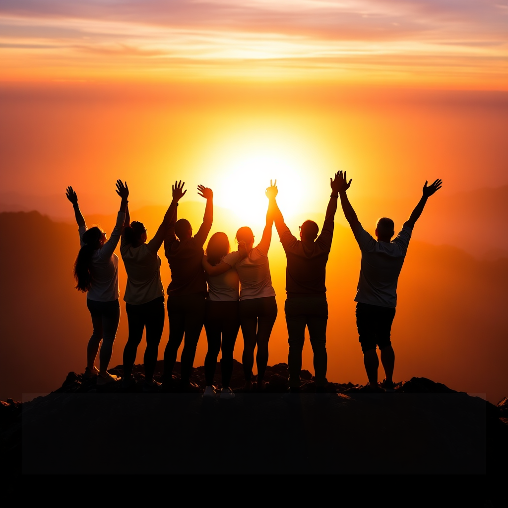Create a photorealistic image depicting a diverse group of people standing together on a mountaintop, silhouetted against a vibrant sunrise. They are raising their arms in triumph, symbolizing empowerment and achievement. The lighting should be dramatic, with the sun casting long shadows and highlighting the group's unity. The color palette should be warm and inspiring, featuring oranges, yellows, and purples. The camera angle should be wide, emphasizing the vastness of the landscape and the group's collective strength. Focus on realistic textures, such as the rugged terrain and the clothing of the individuals. The style should be motivational and uplifting, conveying a sense of hope and possibility. Final image in 8k resolution, hyperrealistic rendering.