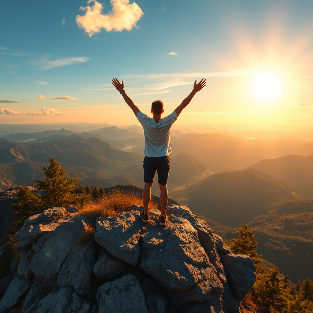 Create a photorealistic image depicting a person standing on top of a mountain, overlooking a vast and beautiful landscape. The person is raising their arms in triumph, symbolizing freedom and achievement. The sun is shining brightly, casting a warm golden glow over the scene. The lighting should be dramatic, highlighting the beauty of the environment. The color palette should be vibrant and inspiring, featuring blues, greens, and golds. The camera angle should be wide, capturing the entire scene and emphasizing the sense of freedom and possibility. Focus on realistic textures, such as the rocks, the trees, and the clouds. The style should be motivational and uplifting, conveying a sense of hope and inspiration. Final image in 8k resolution, hyperrealistic rendering.