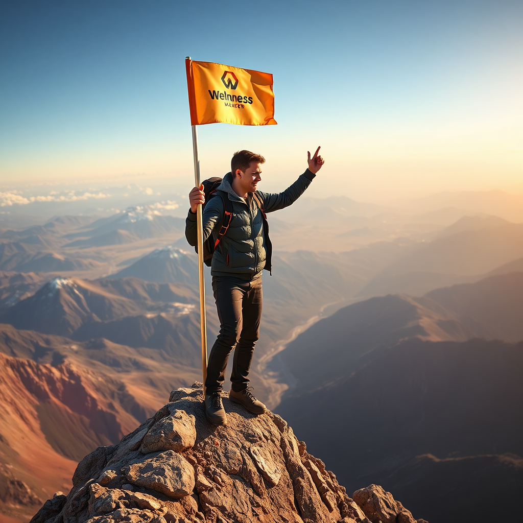 Create a photorealistic image of a young professional reaching the summit of a mountain. They are planting a flag with the Welness Maiker logo on it. The background is a breathtaking view of the surrounding landscape. The lighting is golden and triumphant. The color palette is bold and inspiring. The camera angle is slightly low, emphasizing the height and accomplishment of the climber. The style is adventurous and motivational. 8K resolution, hyperrealistic.