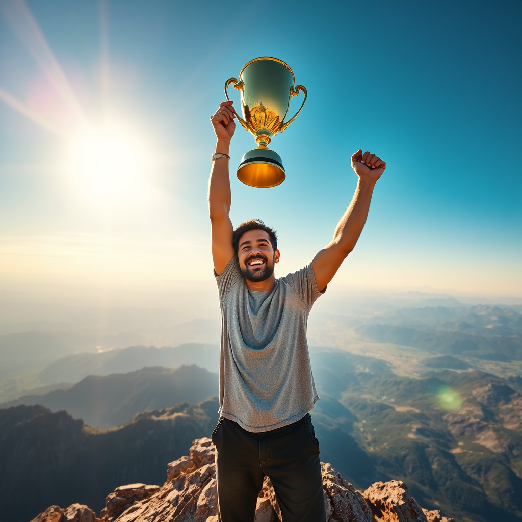 Create a photorealistic image depicting a person standing on top of a mountain, holding a golden trophy high in the air. The sun is shining brightly, and the person is smiling with pride and satisfaction. The background is a vast and beautiful landscape, symbolizing the rewards of hard work and dedication. The lighting should be dramatic, highlighting the trophy and the person's triumphant expression. The color palette should be rich and luxurious, featuring golds, blues, and greens. The camera angle should be wide, capturing the entire scene and emphasizing the feeling of success and achievement. Focus on realistic textures, such as the trophy, the person's clothing, and the rocks on the mountain. The style should be motivational and inspiring, conveying a sense of hope and possibility. Final image in 8k resolution, hyperrealistic rendering.