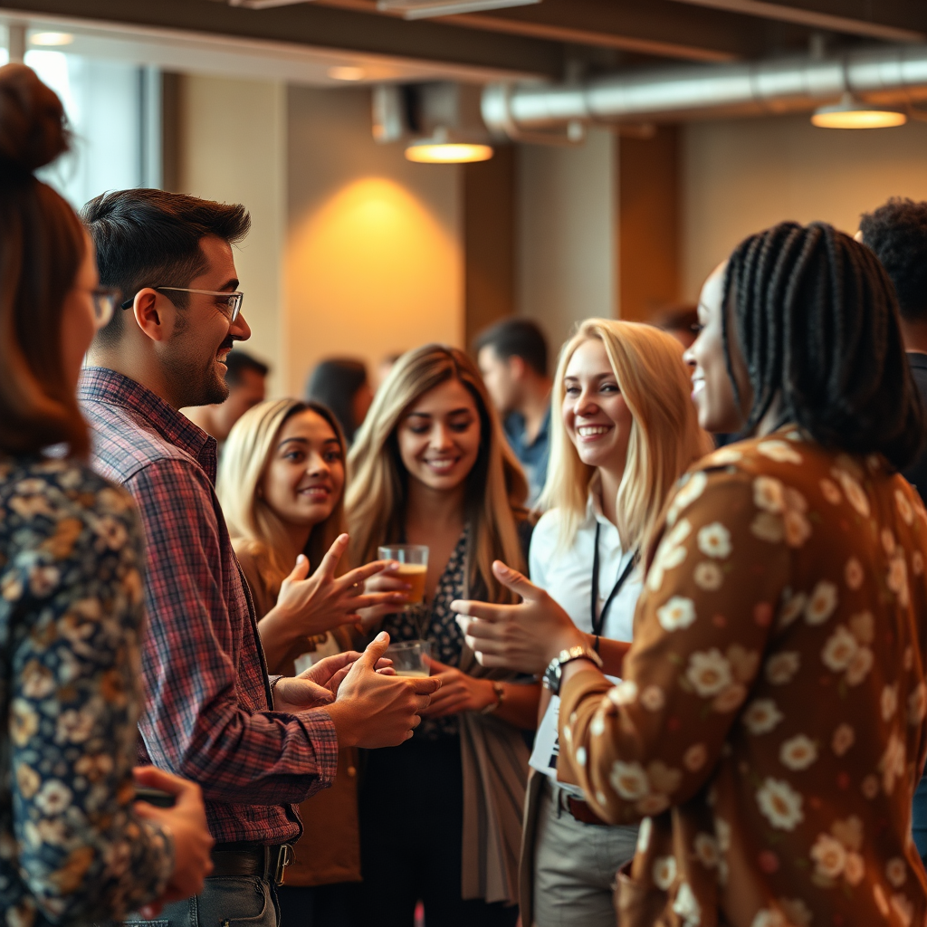 Create a photorealistic image depicting a thriving community of entrepreneurs connecting and supporting each other at a networking event. Diverse individuals are engaged in conversation, exchanging ideas, and building relationships. The atmosphere is warm and welcoming, fostering collaboration and camaraderie. Focus on capturing the sense of belonging and the mutual support within the community. The image should evoke a feeling of empowerment, connection, and shared success. The final rendering should be in 8k resolution, hyperrealistic quality.