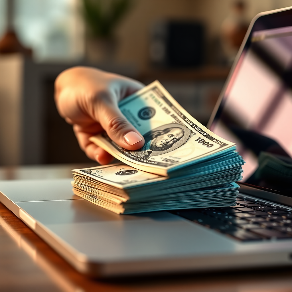 Create a photorealistic image depicting a stack of neatly arranged hundred dollar bills next to a modern laptop. A hand is reaching out to take one of the bills. The background is blurred, creating a sense of focus on the money and the laptop. The lighting should be dramatic, highlighting the texture and detail of the bills. The color palette should be rich and luxurious, featuring golds, greens, and browns. The camera angle should be close-up, emphasizing the feeling of wealth and opportunity. The style should be aspirational and inviting, conveying a sense of financial freedom. Final image in 8k resolution, hyperrealistic rendering.