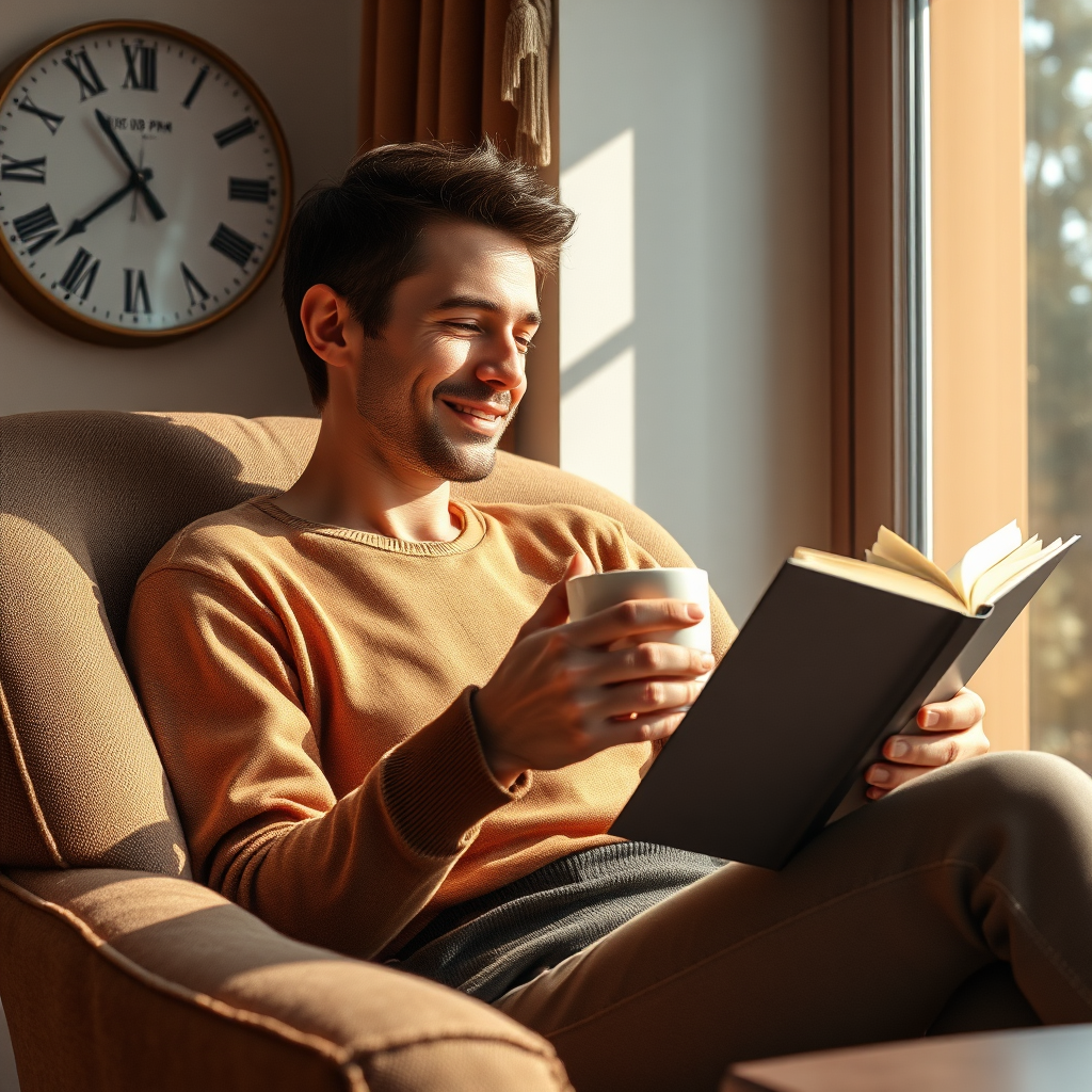Create a photorealistic image depicting a person sitting in a comfortable armchair, reading a book and sipping a cup of coffee. A clock on the wall shows 3:00 PM. Sunlight streams through the window, creating a warm and inviting atmosphere. The lighting should be soft and natural, highlighting the person's relaxed and content expression. The color palette should be warm and inviting, featuring browns, oranges, and yellows. The camera angle should be close-up, emphasizing the feeling of comfort and relaxation. Focus on realistic textures, such as the fabric of the armchair and the pages of the book. The style should be cozy and inviting, conveying a sense of peace and tranquility. Final image in 8k resolution, hyperrealistic rendering.