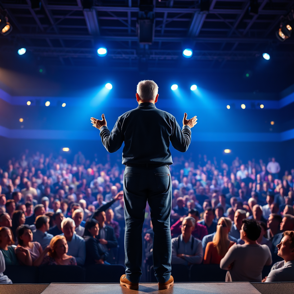 Create a photorealistic image depicting a person standing on a stage in front of a large audience. The person is speaking with confidence and passion, inspiring the audience with their words. The stage is brightly lit, and the audience is engaged and attentive. The lighting should be dramatic, highlighting the speaker's presence and charisma. The color palette should be bold and dynamic, featuring blues, purples, and golds. The camera angle should be wide, capturing the entire scene and emphasizing the speaker's impact. Focus on realistic textures, such as the fabric of the speaker's clothing and the faces of the audience members. The style should be motivational and inspiring, conveying a sense of leadership and vision. Final image in 8k resolution, hyperrealistic rendering.