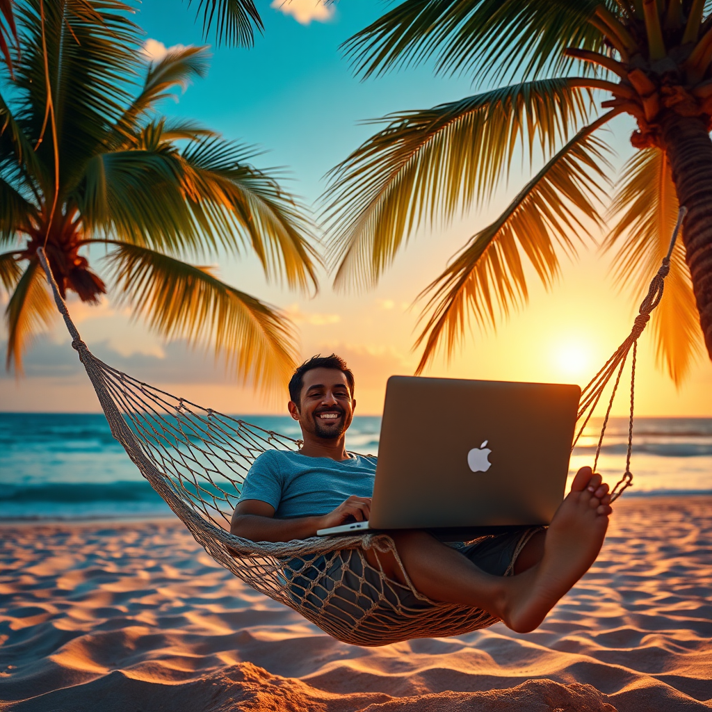 Create a photorealistic image depicting a person working on a laptop while relaxing on a hammock strung between two palm trees on a tropical beach. The sun is setting in the background, casting a warm golden glow over the scene. The person is smiling and appears relaxed and content. The lighting should be soft and natural, highlighting the beauty of the environment. The color palette should be vibrant and inviting, featuring blues, greens, and golds. The camera angle should be wide, capturing the entire scene and emphasizing the sense of freedom and relaxation. Focus on realistic textures, such as the sand, the water, and the leaves of the palm trees. The style should be aspirational and inviting, conveying a sense of work-life balance. Final image in 8k resolution, hyperrealistic rendering.