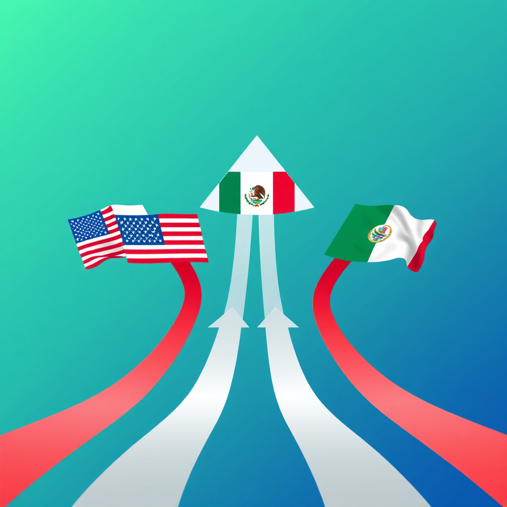 Create a stylized image of arrows pointing upwards and outwards from a central location (Mexico) towards the flags of the United States, Colombia, Peru, and Guatemala. The flags are stylized and modern, and the arrows are sleek and dynamic. The background is a gradient of blue and green, representing growth and opportunity. The overall style is clean, minimalist, and professional. 8K resolution, hyperrealistic.