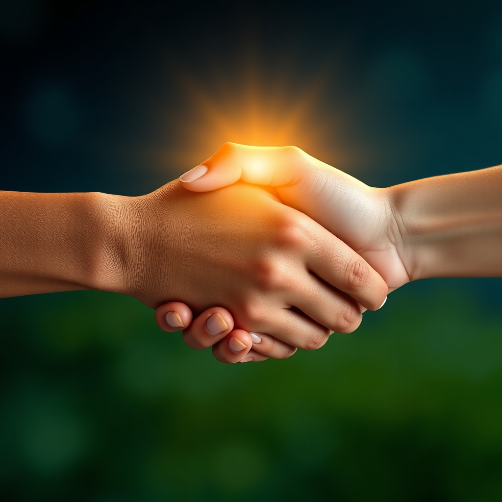 Create a stylized, photorealistic image representing core values. Three hands, each with a distinct skin tone, are clasped firmly together in a handshake. Golden light emanates from the point of contact, symbolizing trust and commitment. The background is a blurred gradient of deep blues and greens, representing stability and growth. The color palette is warm and inviting, with a focus on gold and earth tones. The camera angle is close-up, emphasizing the texture and detail of the hands. The style should be modern and minimalist, conveying a sense of strength and unity. Final image in 8k resolution, hyperrealistic rendering.