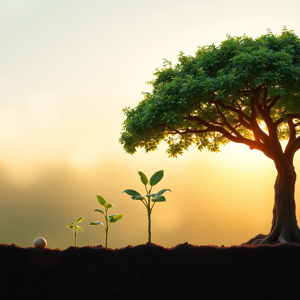 Create a time-lapse image showing a plant growing from a seed to a mature tree. The image is divided into stages, each representing a step in the process of growth. The lighting is natural and warm. The color palette is green and brown, representing life and growth. The style is realistic and informative. 8K resolution, hyperrealistic.