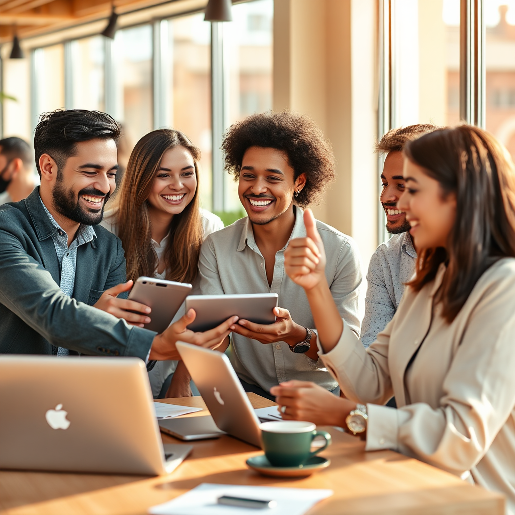 Create an 8K, hyperrealistic photograph for "Welness Maiker", a financial planning company targeting young Mexican professionals. The image should represent financial empowerment and success. Imagine a diverse group of young adults, aged 25-35, in a modern, sunlit co-working space, collaborating on laptops and tablets. Some are celebrating a success, perhaps a completed deal, with subtle gestures of accomplishment like a high-five or a knowing smile. The atmosphere is energetic, positive, and aspirational. In the background, visualize stylized graphs subtly hinting at financial growth, but keep the focus on the people. The color palette should be warm and inviting, with accents of gold and green to symbolize prosperity and growth. Use a shallow depth of field to keep the focus on the subjects. The overall feeling is one of optimism, collaboration, and achieving financial goals. Style reference: Modern, clean, and professional like a Forbes magazine cover. Camera angle: slightly low, looking up to convey ambition and upward mobility. Texture details: Focus on the texture of high-quality clothing, modern devices, and the polished surfaces of the co-working space. Relevant props: Laptops, tablets, financial charts (subtle), coffee cups.