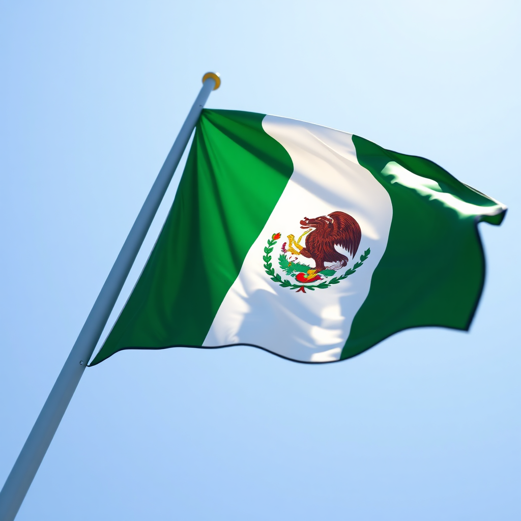 Photorealistic image of the Mexican flag waving proudly against a clear blue sky. The focus is on the vibrant colors and the intricate details of the flag's emblem. The lighting is bright and sunny, emphasizing the feeling of patriotism and strength. The background is intentionally blurred to keep the focus on the flag. Camera angle: low angle, looking up at the flag. Technical specs: 8K resolution, hyperrealistic, vivid colors.