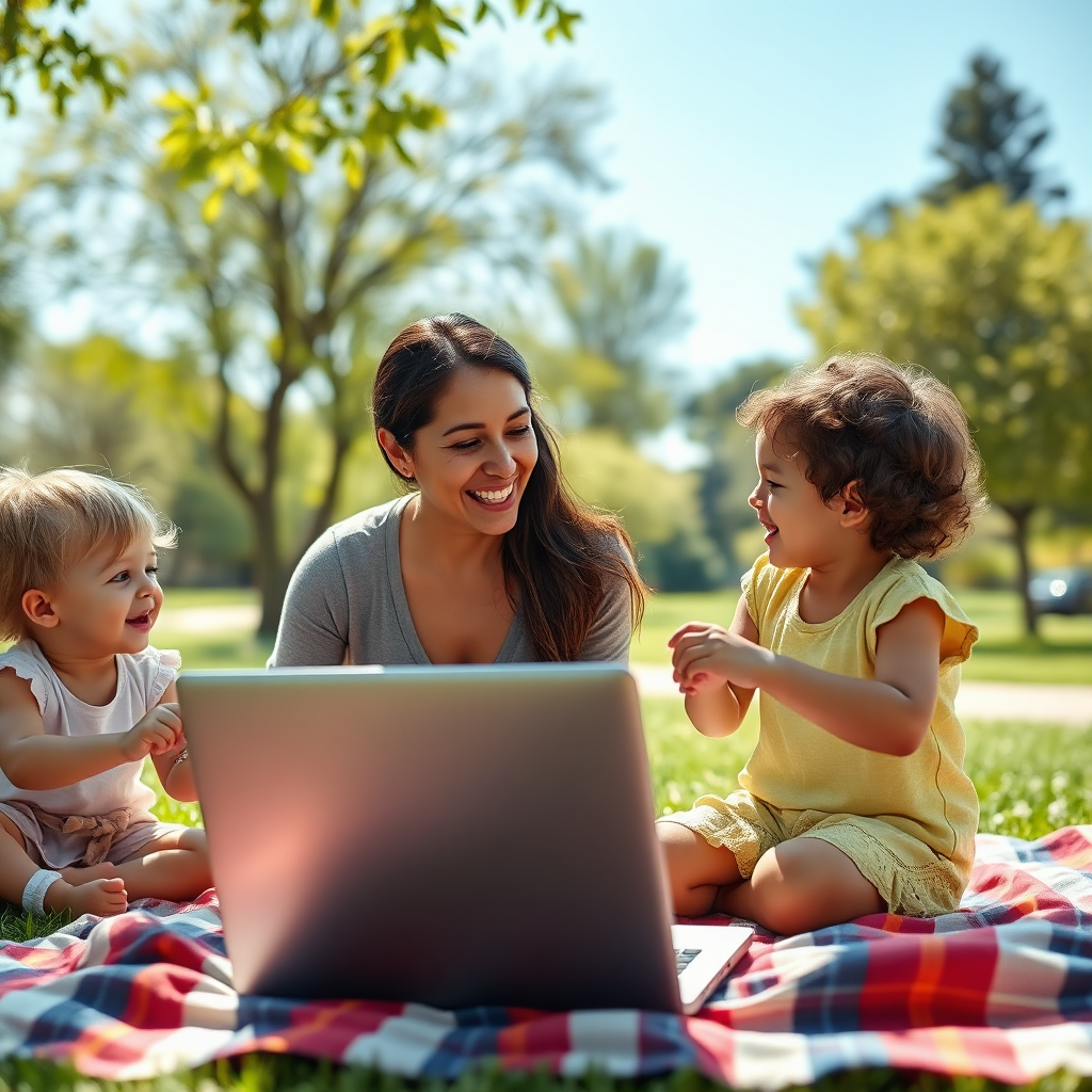 Photorealistic image showing a mother happily playing with her children in a park. In the background, a laptop is open on a picnic blanket, subtly suggesting the flexibility of working from anywhere. The lighting is bright and sunny, emphasizing the joy of spending time with family. Camera angle: medium shot, capturing the interaction between the mother and children. Color palette: bright and cheerful, with accents of green and blue. Technical specs: 8K resolution, hyperrealistic, natural lighting.