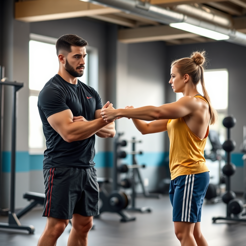 A photorealistic image of a personal trainer carefully guiding a client through a weightlifting exercise in a modern gym setting. The trainer is giving specific instructions, and the client is focused and engaged. The lighting should be focused on the subjects, highlighting their form and effort. The background should be slightly blurred, suggesting a dynamic gym environment. The camera angle is a medium shot, showing both the trainer and the client clearly. Color palette should be vibrant and energetic.