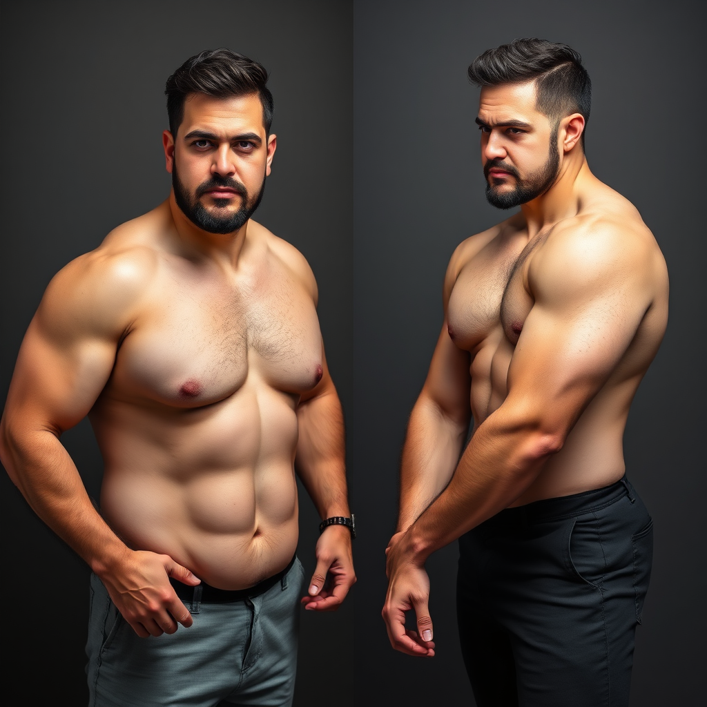  Una imagen estilizada y vibrante que muestra una clara representación visual del progreso. La imagen incluye dos personas. Imagen del antes y el después de la misma persona: una con sobrepeso y la otra en forma. La transformación debe ser evidente. Utilice colores brillantes, iluminación dinámica y una estética moderna. Céntrese en el contraste entre el punto de partida y el objetivo final, enfatizando el camino recorrido y el resultado. La persona debe sonreír después.