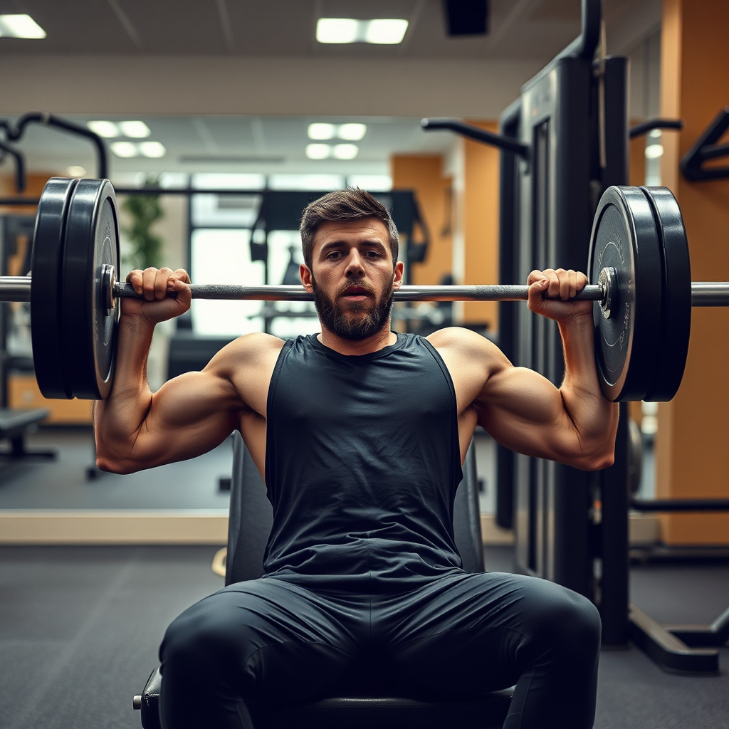  Una imagen fotorrealista de una persona logrando un objetivo de fitness, como levantar una pesa o completar un ejercicio desafiante. El enfoque se centra en su expresión de determinación y logro. La iluminación es motivadora y enérgica, con una paleta de colores cálidos. Resolución 4K.