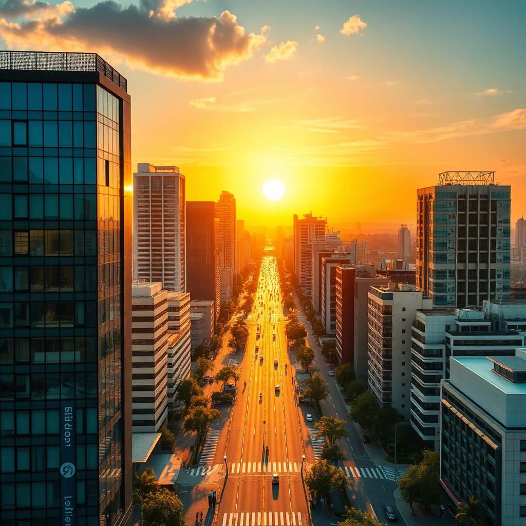 A photorealistic image of a futuristic city skyline at sunset, with flying cars and advanced technology. The image represents innovation and progress. Use a vivid color palette and dramatic lighting. 8K resolution.