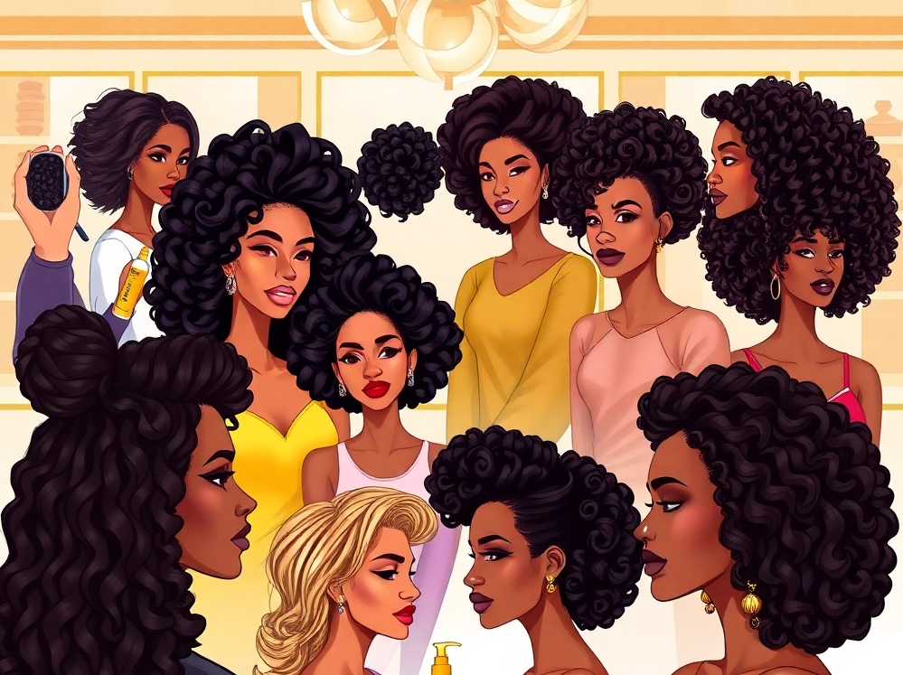 Showcase various elegant natural hairstyles created using PhilGlamour products. 4K resolution, high-quality lighting, focus on style and texture