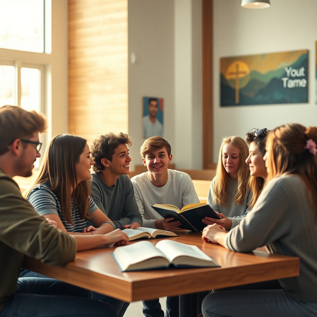 8K resolution, hyperrealistic image. A medium shot from a slightly low angle, showing a group of teenagers actively engaged in a Bible study or discussion within a modern, youth-friendly church setting.  The lighting is natural and bright, a blend of soft window light and warm ambient lighting. The overall mood is optimistic, open, and encouraging. The color palette is fresh and contemporary, with pastel colors, natural wood tones, and bright accents.  The scene is meticulously detailed: the teens are diverse in appearance and ethnicity, engaged in meaningful conversation.  The style is influenced by contemporary documentary photography, conveying naturalism and authenticity.  Textures include the soft fabric of clothing, the polished wood of the tables, and the textured surfaces of the church's walls. The background subtly features elements of modern Christian artwork, creating a supportive and inspiring environment.