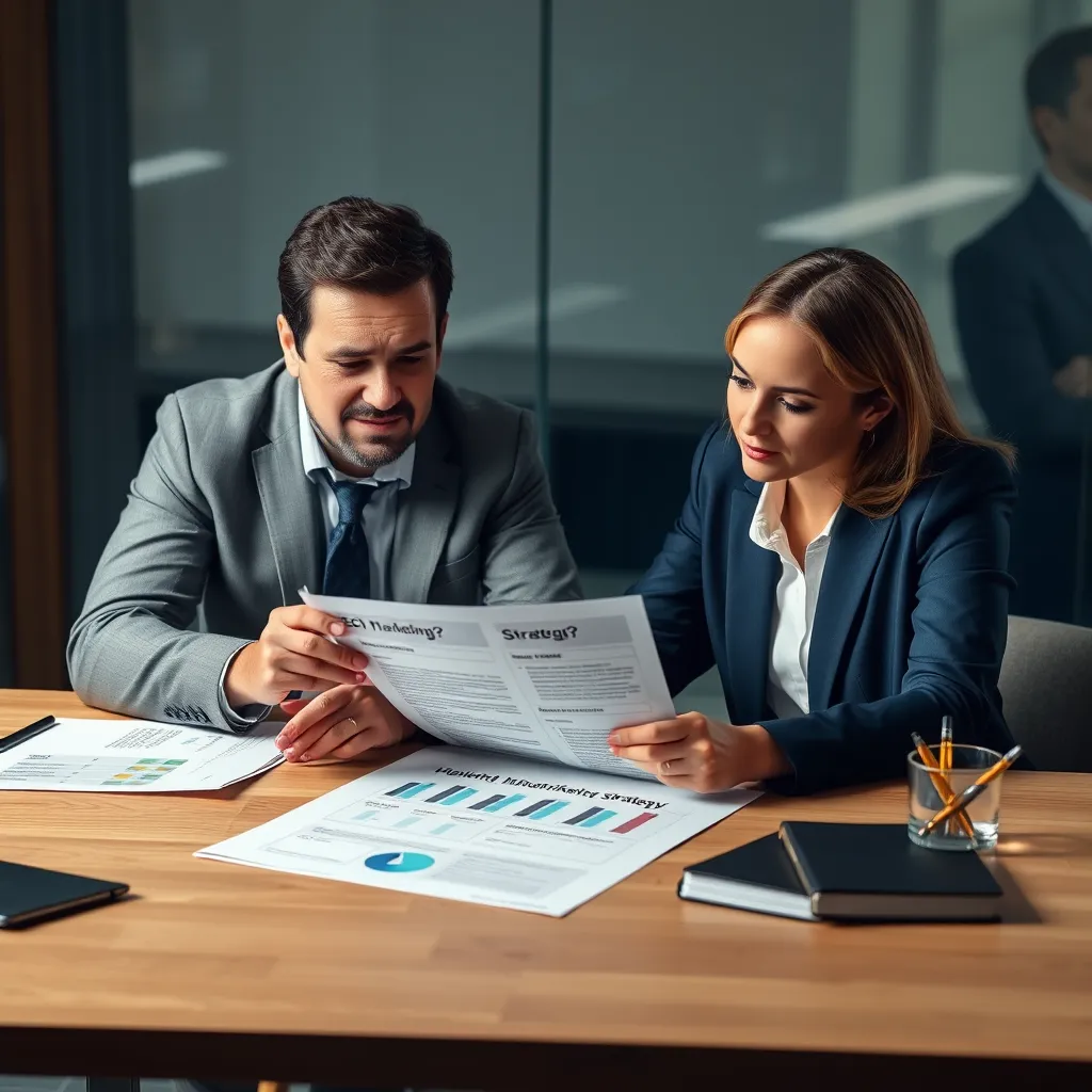 A businessman and woman sitting at a table reviewing a digital marketing strategy plan, highlighting key elements like SEO, social media, and local citations.  The image should convey a sense of collaborative problem-solving and strategic planning.