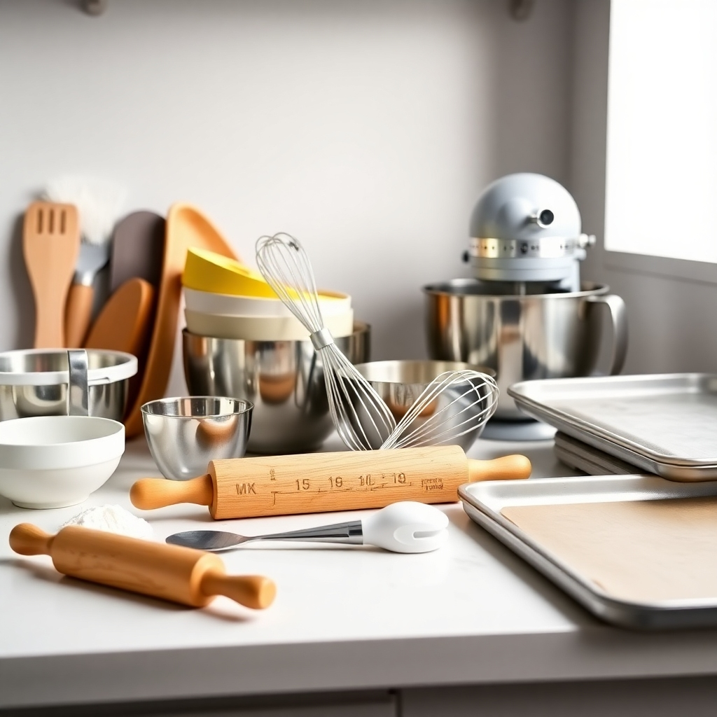 A clean, well-lit studio shot featuring an assortment of essential baking tools: measuring cups, mixing bowls, whisks, spatulas, rolling pin, and baking sheets. Arrange them neatly on a countertop. Use a minimalist background. Style reference: Product photography with a focus on functionality. Technical specs: 4K, sharp focus.
