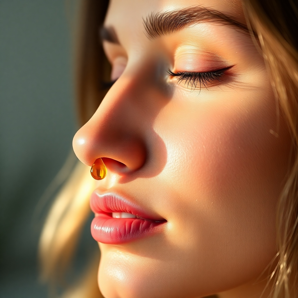 A close-up, high-resolution photorealistic image of a woman's face, showcasing healthy, glowing skin.  Her skin is visibly hydrated and radiant.  A few drops of golden jojoba oil are delicately placed near her cheek. The background is blurred, with soft, natural light illuminating her face.  The overall mood is serene and luxurious.