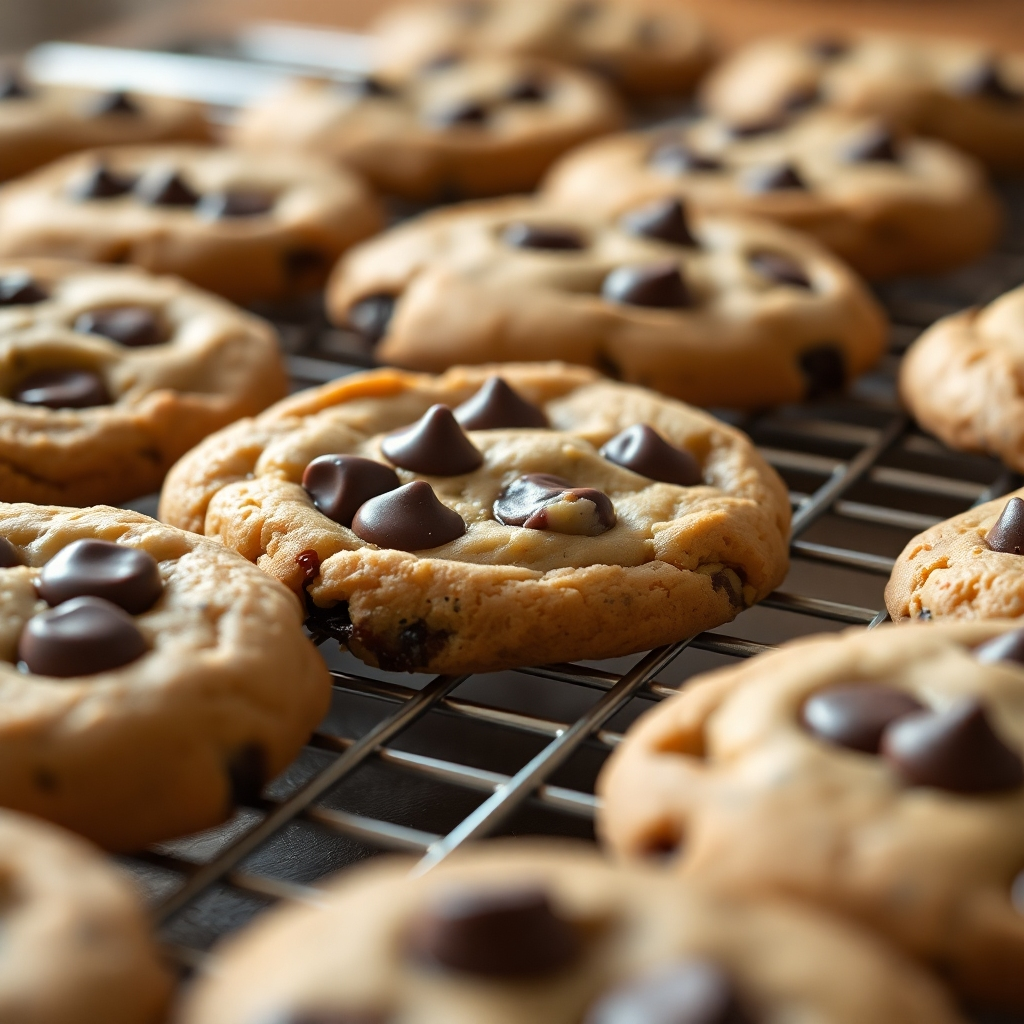 A close-up, photorealistic image of a batch of freshly baked chocolate chip cookies cooling on a wire rack. Focus on the texture: melted chocolate pools, slightly browned edges, and soft, chewy centers. The lighting is warm and inviting, highlighting the golden-brown color of the cookies. Use shallow depth of field to create a sense of depth. Style: Classic food photography, emphasizing texture and freshness. Technical specs: 4K, detailed.