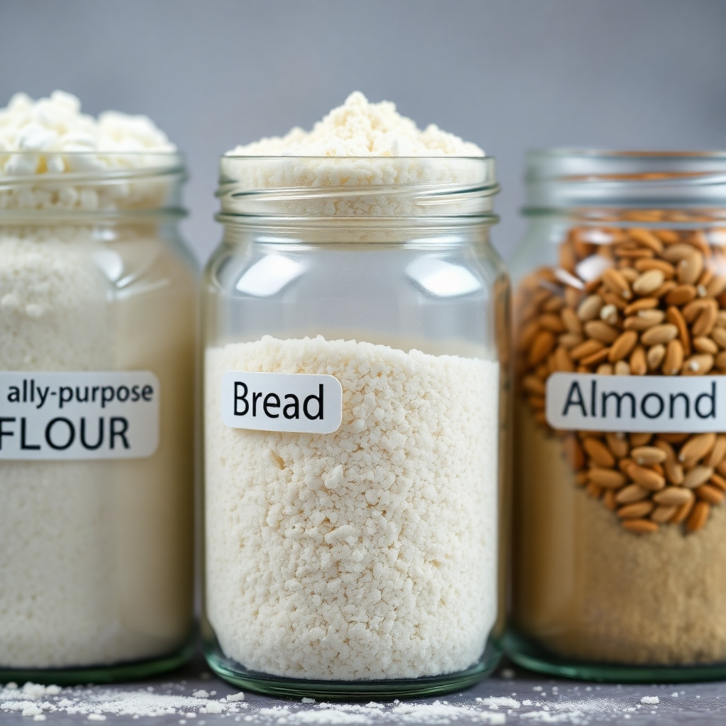 A close-up, photorealistic image of various types of flour (all-purpose, bread, cake, almond) in separate glass jars. Label each jar clearly. Focus on the texture and color variations of the flours. Use soft, natural lighting. Style reference: Food photography with an emphasis on ingredients. Technical specs: 4K, macro details.