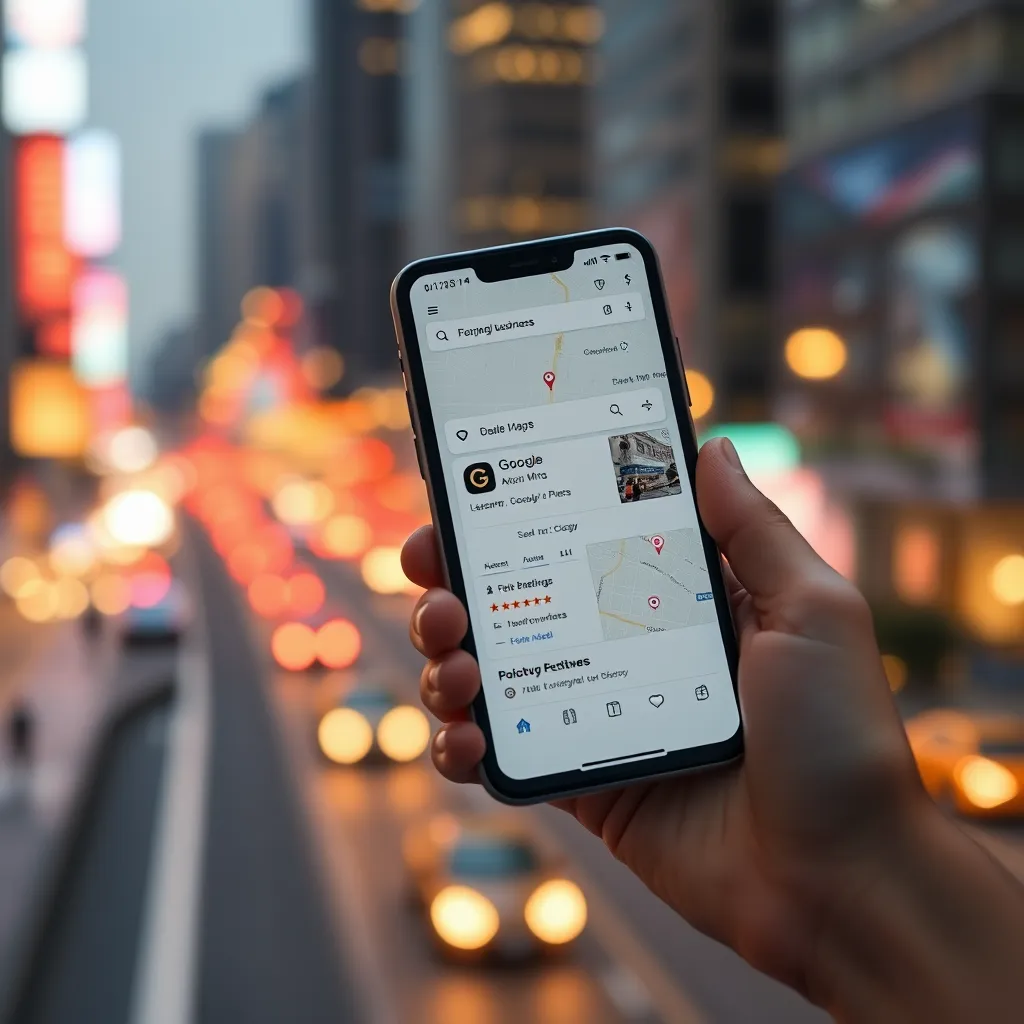 A close-up shot of a hand holding a smartphone displaying a Google Maps search result for a local business. The screen shows a business listing with high star ratings and positive reviews. The background is a blurred cityscape with vibrant streetlights and traffic. The lighting is soft and warm, creating a welcoming and inviting atmosphere. The image should have a hyperrealistic style, capturing the intricate details of the smartphone screen, the cityscape, and the hand holding the phone. The overall mood should be optimistic and successful, highlighting the power of effective local SEO.