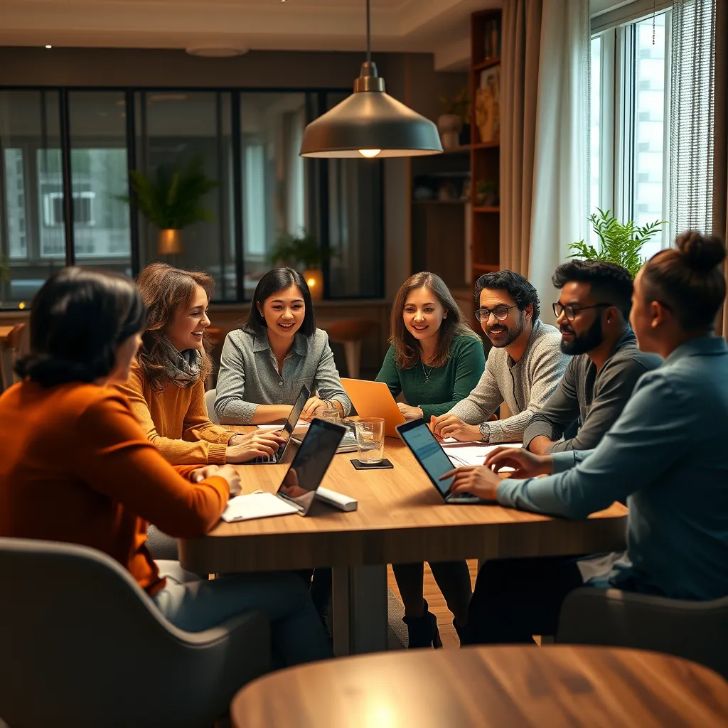 A group of diverse individuals sitting around a table in a warm and inviting setting. They are engaged in a conversation, sharing ideas and insights, with laptops and digital devices present. The scene depicts a supportive and collaborative environment for online business learning and growth.