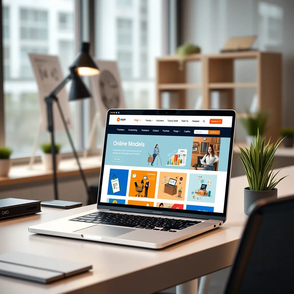 A modern office workspace with a laptop displaying a website showcasing various online business models, such as e-commerce, affiliate marketing, and online courses. The image should be vibrant and professional, conveying the diverse opportunities available at Digital Wealth Hub.