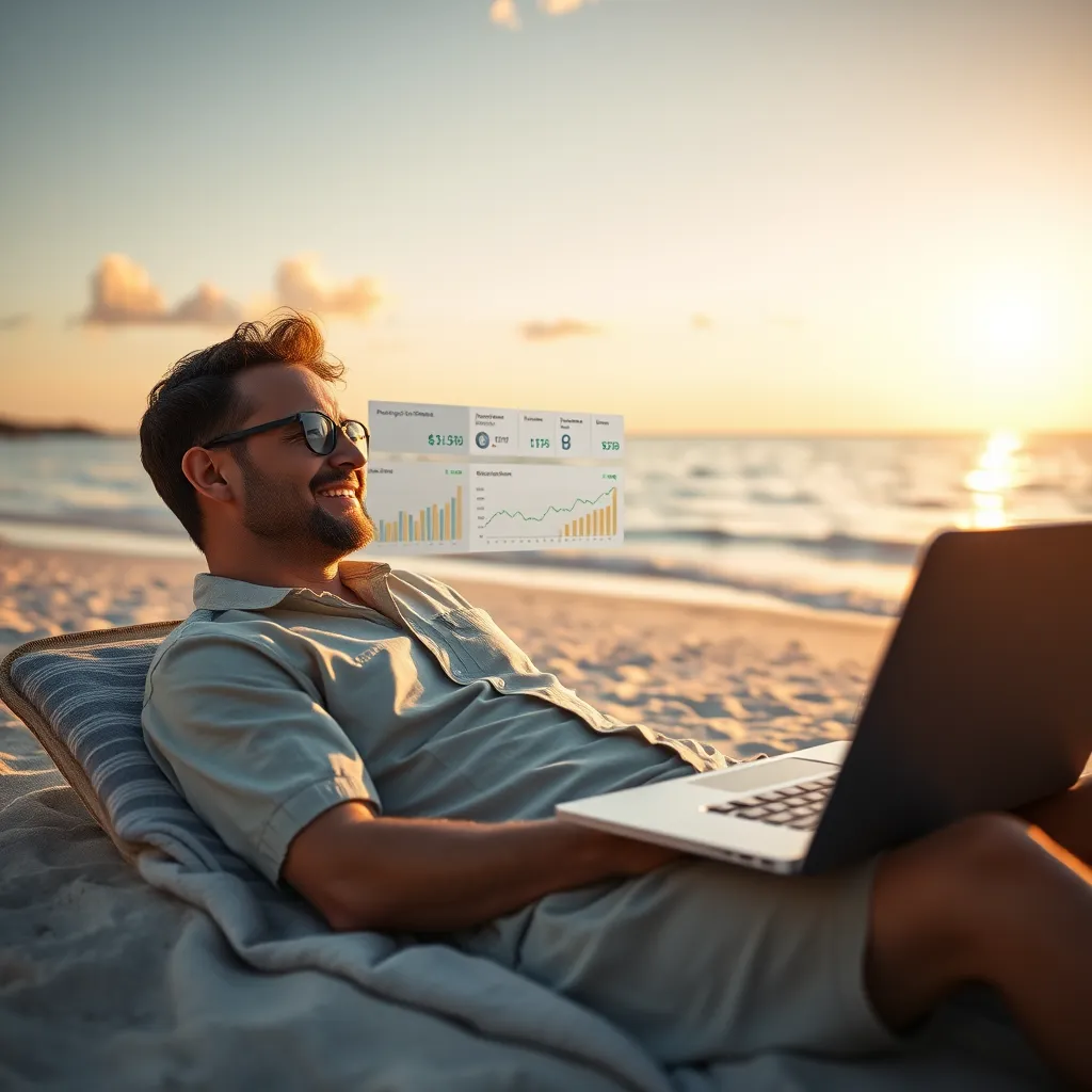 A person relaxing on a beach with a laptop on their lap,  smiling and looking at a screen showing a dashboard displaying various income streams and financial reports. The scene conveys a sense of freedom, relaxation, and financial security achieved through passive income from online ventures.