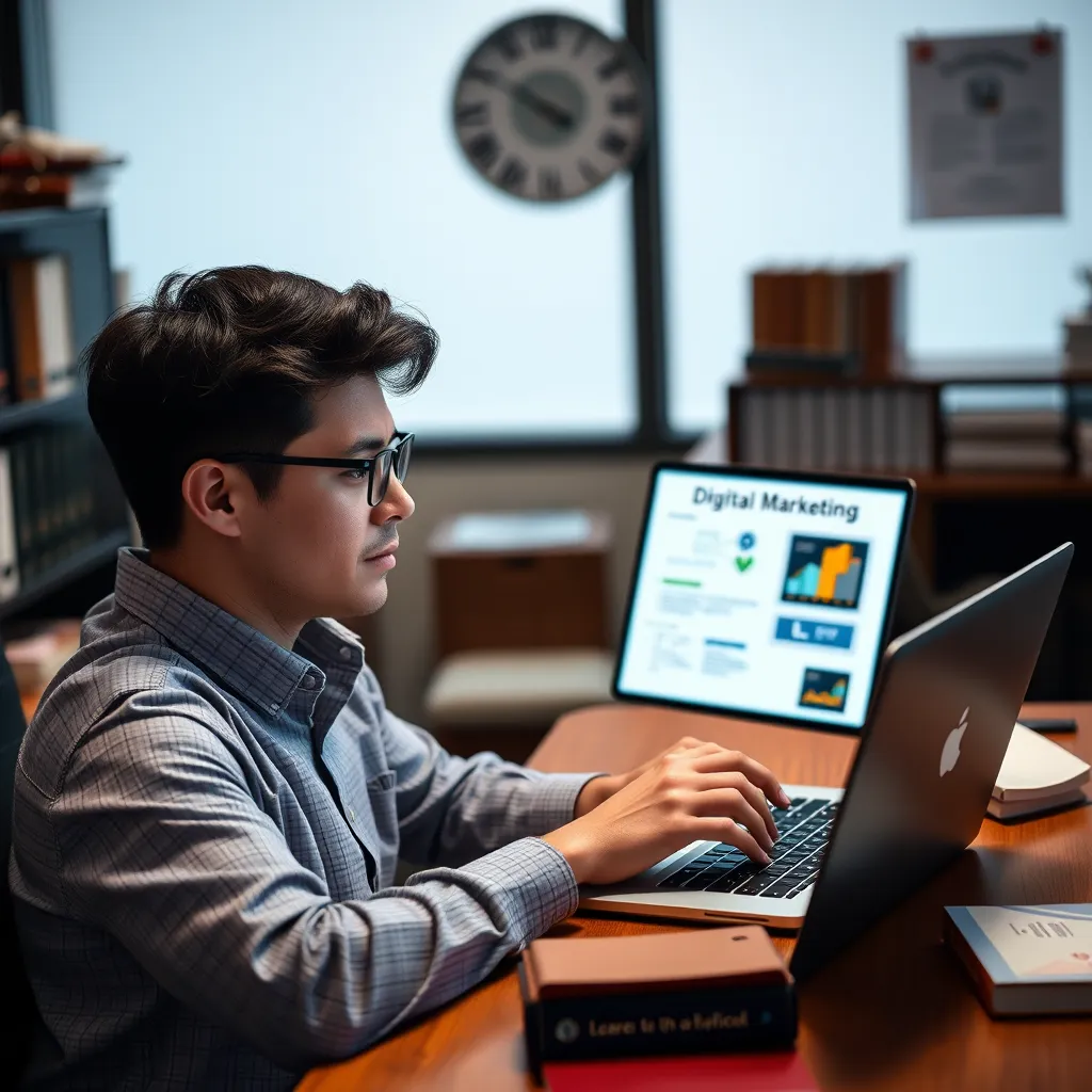 A person sitting at a desk with a laptop, engaged in an online course about digital marketing. The background should be a professional office setting, with books and other learning resources visible. The image should focus on the individual's focused expression and the online learning materials on the laptop screen.