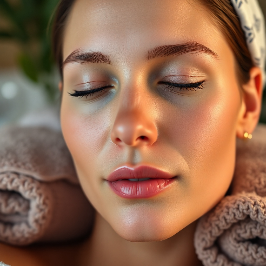 A photorealistic, 8K resolution image depicting a close-up of a woman's face, mid-30s, with soft diffused lighting emphasizing her glowing skin.  Her skin exhibits a natural, healthy texture with a subtle dewy sheen. The color palette is warm and inviting, with soft peach and rose tones dominating. The background is blurred, suggesting a luxurious spa-like environment with hints of lush greenery. The camera angle is slightly elevated, creating a flattering perspective.  The woman is serene and relaxed, eyes closed.  Her face is free of makeup, showcasing the natural results of the treatment.  Materials include soft, organic cotton towels subtly visible nearby. The overall mood is peaceful and calming.  Style reference: Annie Leibovitz's portrait style, emphasizing natural beauty. The image should be hyperrealistic and ultra-detailed, showcasing the fine details of the skin's texture and the natural light reflecting off it.  Include subtle steam rising from warm towels near her face to enhance the spa-like atmosphere.
