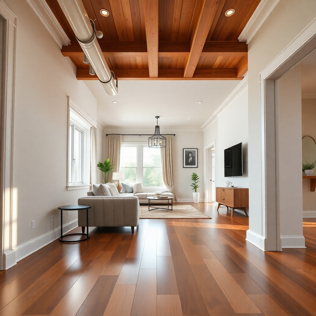A photorealistic close-up shot highlighting the intricate details of high-quality construction: polished hardwood floors, seamlessly finished drywall, and precisely installed fixtures.  The lighting should emphasize the superior quality of the materials and craftsmanship.  The background should be a tastefully designed and furnished modern living room.