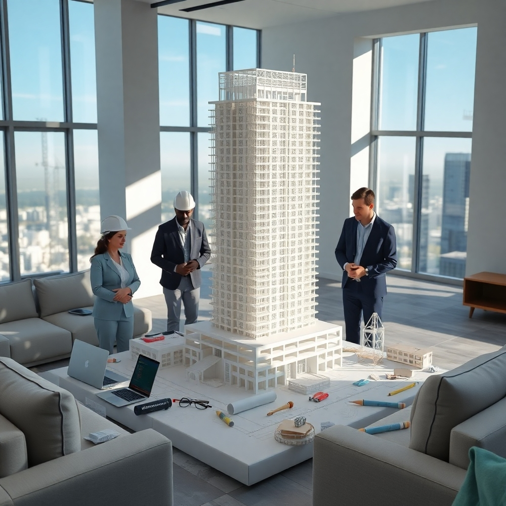 A photorealistic image, 8K resolution, hyperrealistic detail.  Depict a modern construction site with a team of architects and construction managers collaborating around a large architectural model of a high-rise building. Soft, diffused natural lighting illuminates the scene, casting subtle shadows. The color palette should be clean and professional with cool greys, crisp whites, and pops of the Aphabet brand color (assume a deep teal). The camera angle is slightly elevated, showcasing the entire scene and highlighting the intricate details of the model. The texture of the architectural model should be highly detailed, showing smooth surfaces, fine lines, and precise details. The background should be a modern, minimalist office space, with sleek furniture and large windows showcasing a clear blue sky. The overall mood should be one of collaboration, efficiency, and professionalism. Style reference: Gregory Crewdson's meticulous realism. Include laptops, blueprints, and various construction tools scattered thoughtfully around the model, suggesting active planning and management.  The image should evoke a feeling of calm control and confident expertise, showcasing Aphabet's capabilities.
