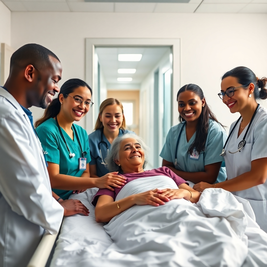 A photorealistic image, 8K resolution, hyperrealistic detail, in the style of Annie Leibovitz.  Depict a diverse team of smiling, professional healthcare workers (doctors, nurses, technicians) collaborating around a patient's bedside in a modern, bright hospital room. Soft diffused lighting emphasizes the warm, caring atmosphere. The color palette is calming and professional, with accents of teal and soft white. The camera angle is slightly elevated, providing an inclusive perspective of the team.  The scene includes high-tech medical equipment subtly in the background, crisp white sheets, and soft textures like the fabric of scrubs. The focus should be on the positive interaction between the team and the patient, showcasing a sense of teamwork and trust.  Detailed textures of the medical equipment, scrubs, and skin are paramount.  The overall mood is one of hope, compassion, and high-quality care.  The background features a blurred view of a modern hospital corridor through an open door, implying connection to a larger system.